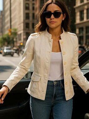 Tara Jarmon Womens Sz 44 (M) White Cotton Military Style Jacket Mandarin Collar